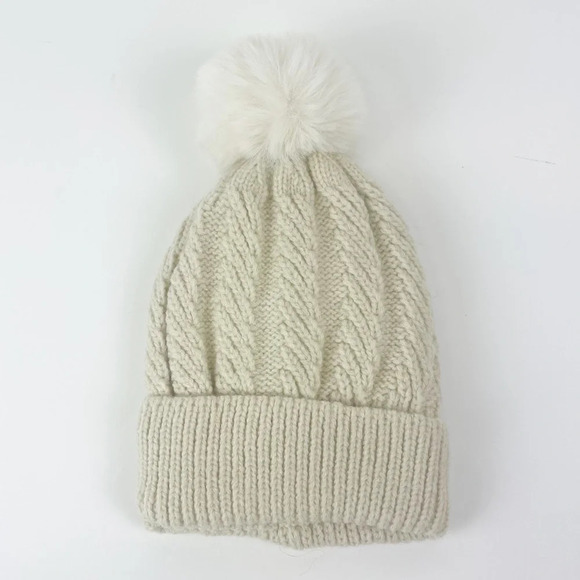 JC Sunny Just Classy Hat Womens One Size Beige Knit Fauc Fur Pom Pom Beanie - Picture 1 of 7